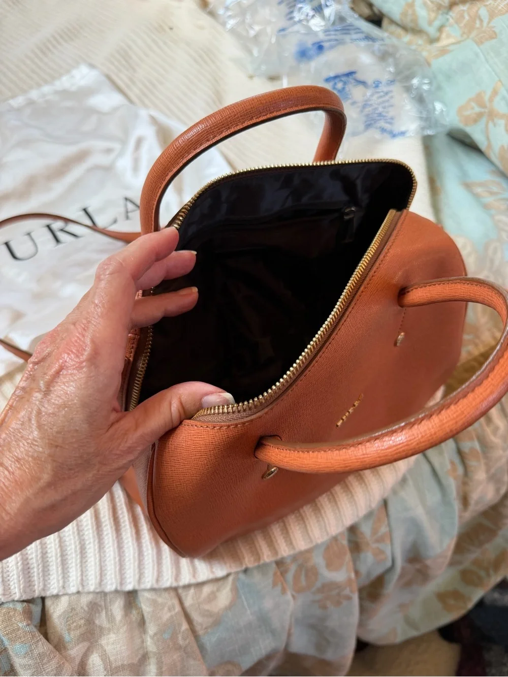 Furla Cognac Saffiano Leather Mini Satchel Linda tote